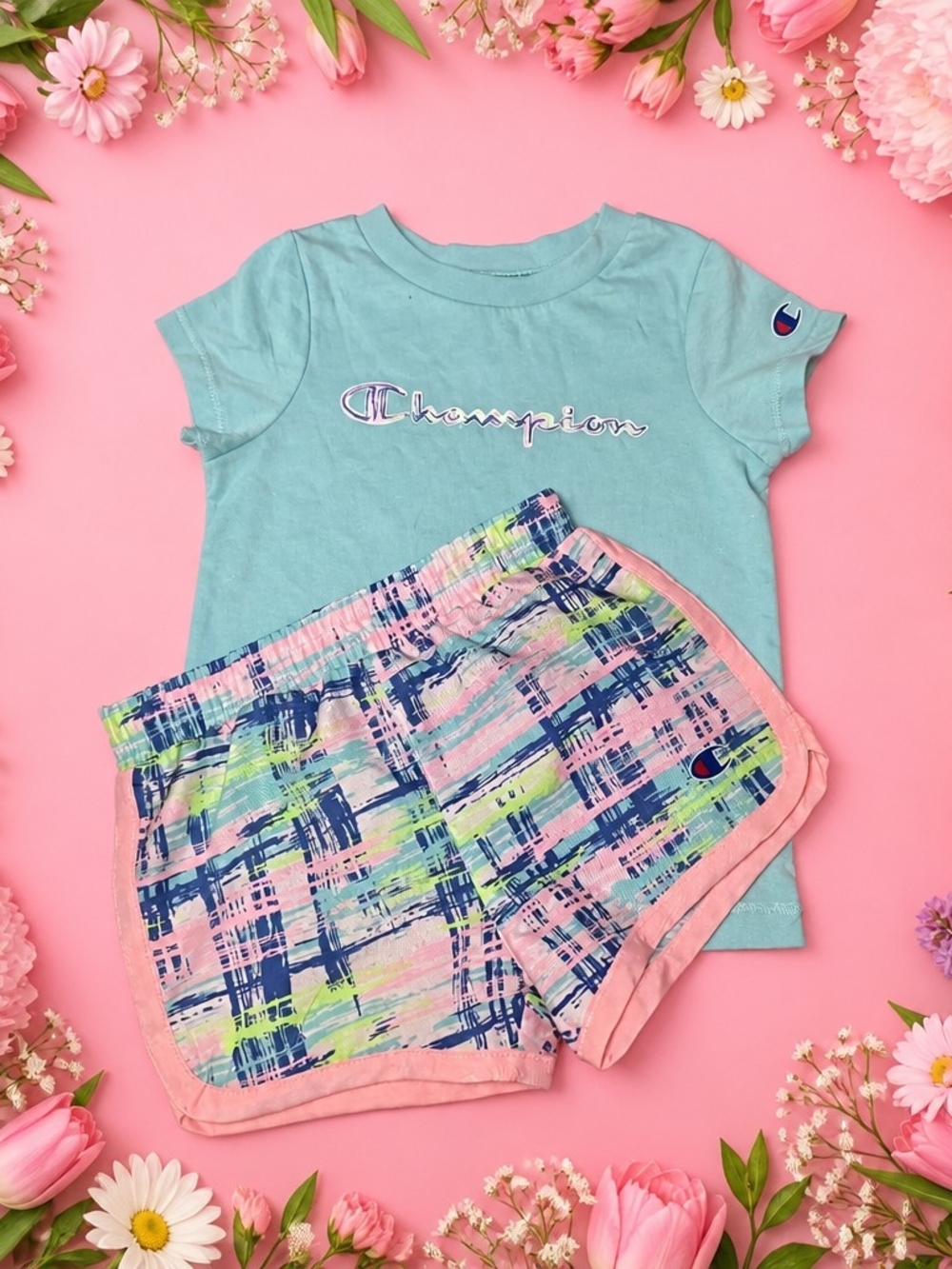 Champion Aqua Short Sleeve Top with Multicolor Plaid Shorts Set 12m